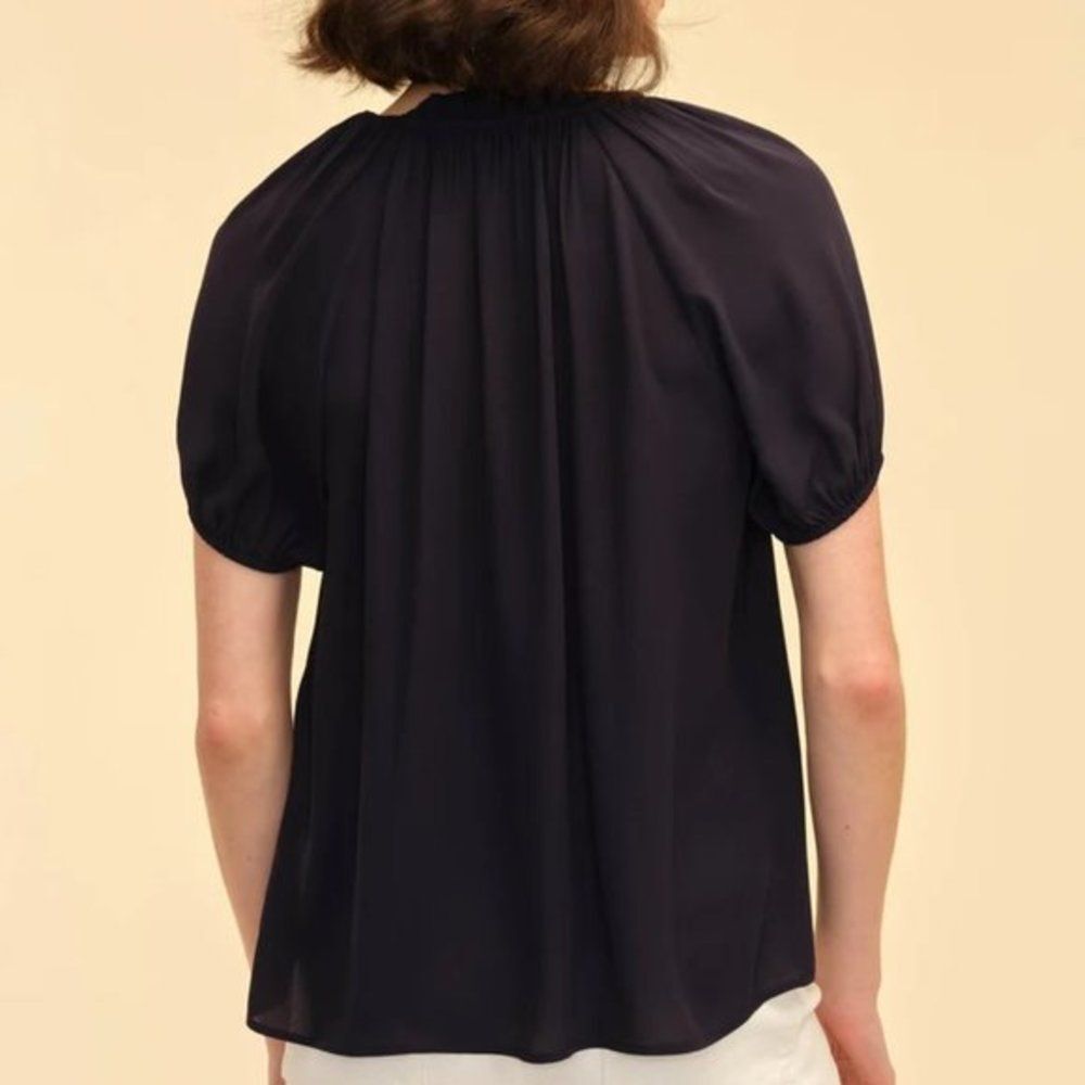 Women's Elie Tahari Tie Ruffle Neck Blouse Elastic Short‎ Sleeves Blue Top Sz S - Picture 3 of 8
